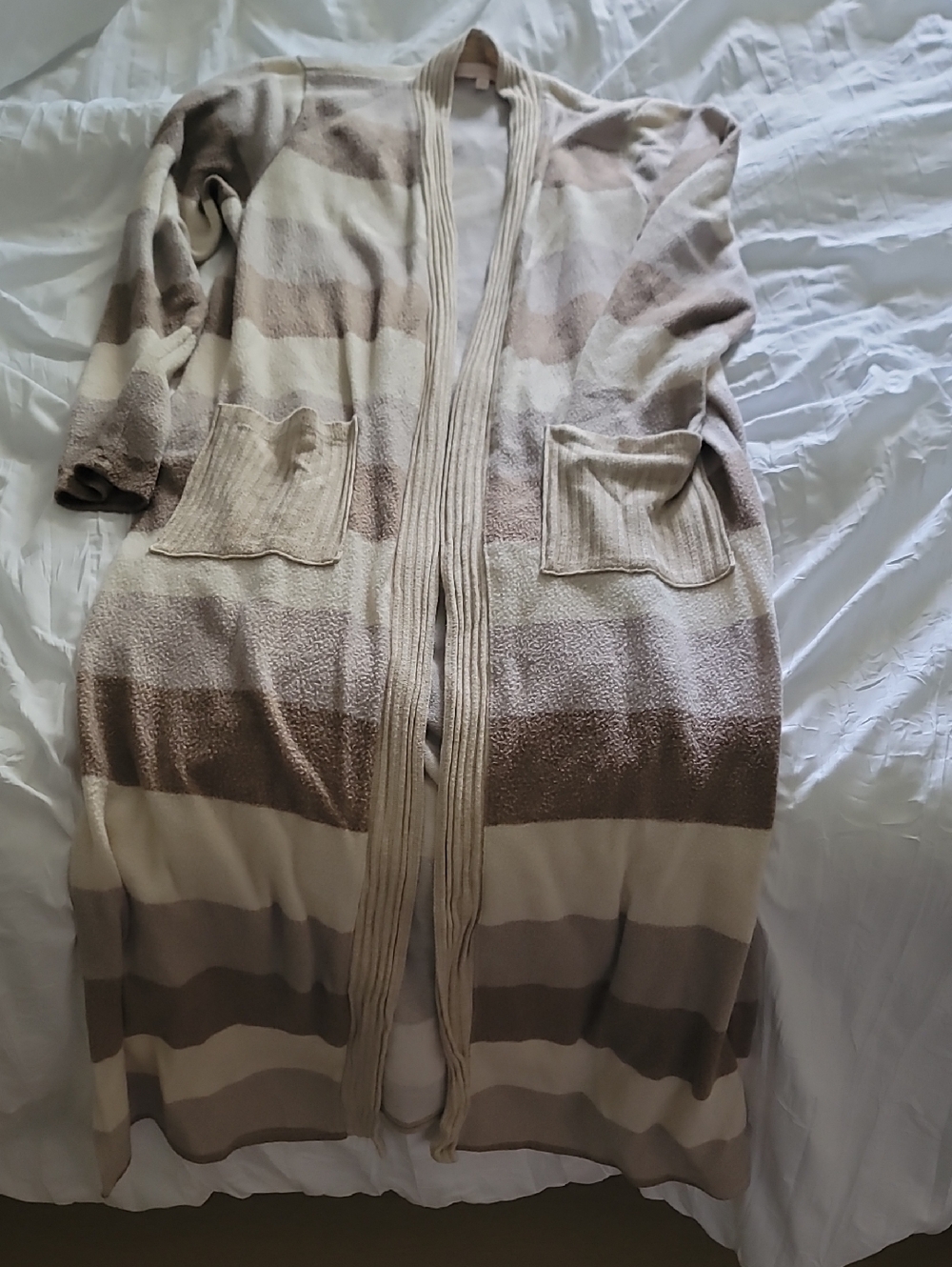 Cozy Long Striped Open Cardigan — Neutral Tones